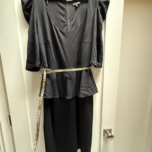 Black Peplum Puff Sleeve Dress with Leopard Print Belt by City Chic